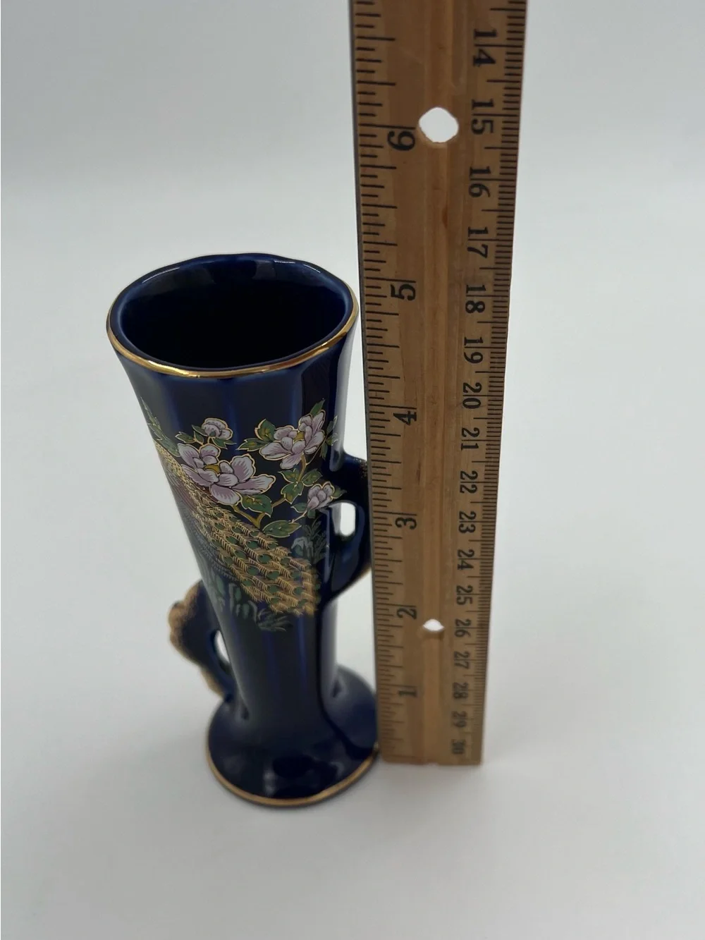 Vintage Cobalt Blue Peacock & Floral Gold Accents Bud Vase Japan 4.75” Tall